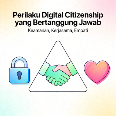 Ilustrasi perilaku digital citizenship yang bertanggung jawab dengan ikon gembok, tangan berjabat, dan simbol hati