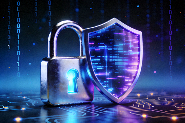 Ilustrasi konsep keamanan siber dengan gembok dan perisai digital