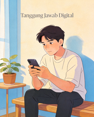 Ilustrasi tanggung jawab digital dengan orang memegang ponsel dengan bijak